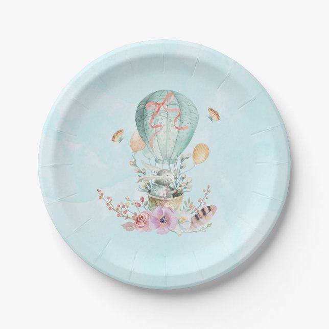 Whimsical Bunny Riding in a Hot Air Balloon Paper Plate (Front)