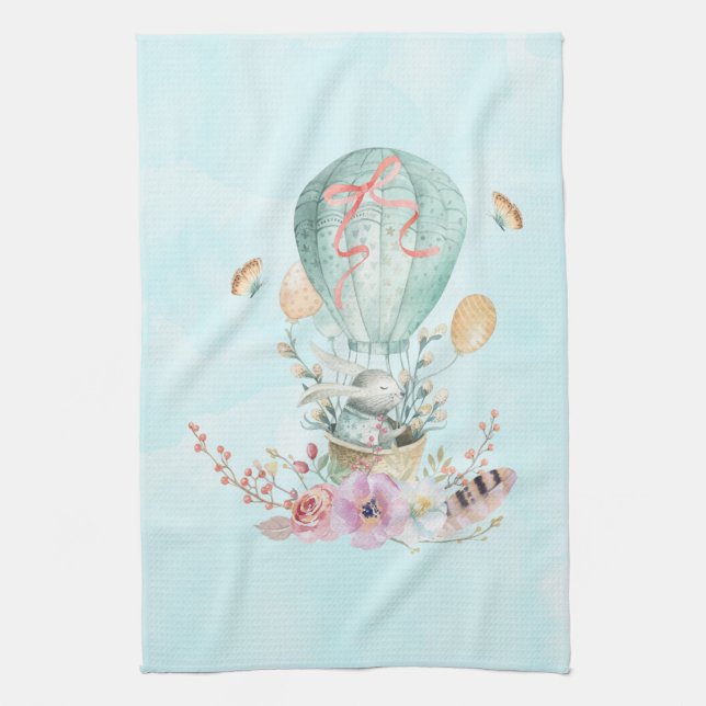 Whimsical Bunny Riding in a Hot Air Balloon Tea Towel (Vertical)