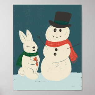 Whimsical Bunny & Snowman Art Print Poster