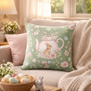 Whimsical Bunny Teapot Floral Easter Cushion