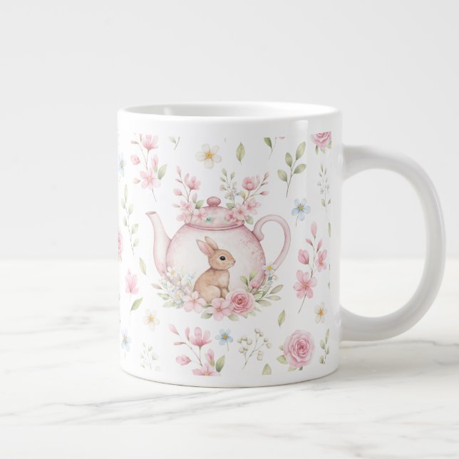 Whimsical Bunny Teapot Floral Spring  Large Coffee Mug (Right)