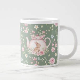 Whimsical Bunny Teapot Floral Spring  Large Coffee Mug