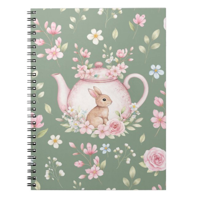 Whimsical Bunny Teapot Floral Spring Notebook (Front)