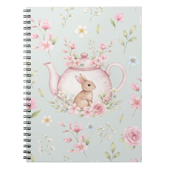 Whimsical Bunny Teapot Floral Spring Notebook (Front)