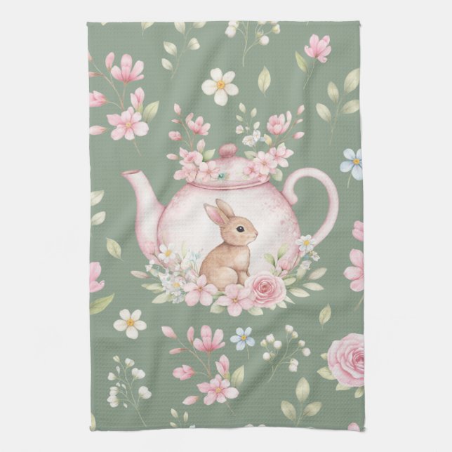 Whimsical Bunny Teapot Floral Spring  Tea Towel (Vertical)