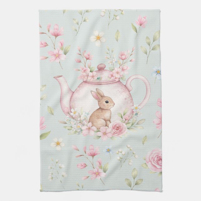 Whimsical Bunny Teapot Floral Spring  Tea Towel (Vertical)