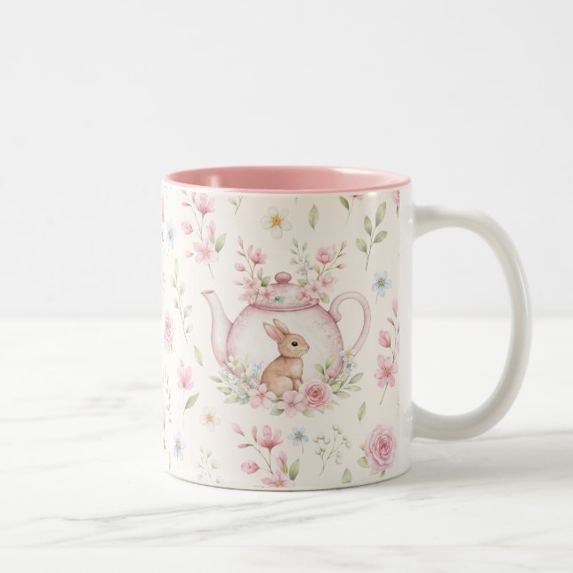 Whimsical Bunny Teapot Floral Spring  Two-Tone Coffee Mug (Right)