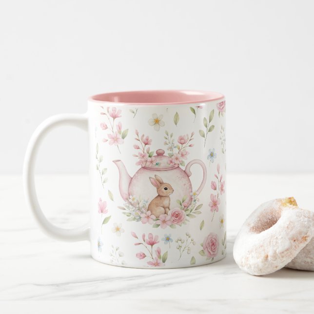 Whimsical Bunny Teapot Floral Spring  Two-Tone Coffee Mug (With Donut)