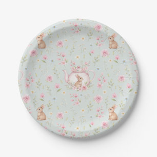 Whimsical Bunny Teapot Spring Floral Pattern Paper Plate
