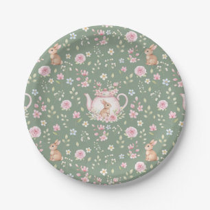 Whimsical Bunny Teapot Spring Floral Pattern Paper Plate