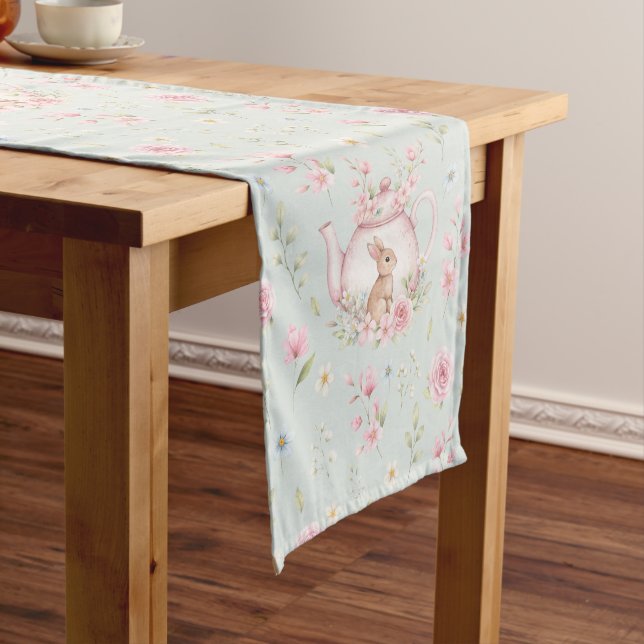 Whimsical Bunny Teapot Spring Floral Pattern Short Table Runner (In Situ)