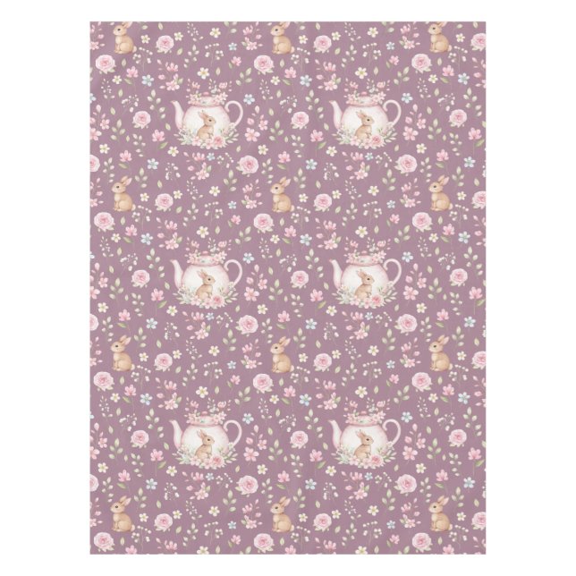 Whimsical Bunny Teapot Spring Floral Pattern Tablecloth (Front)