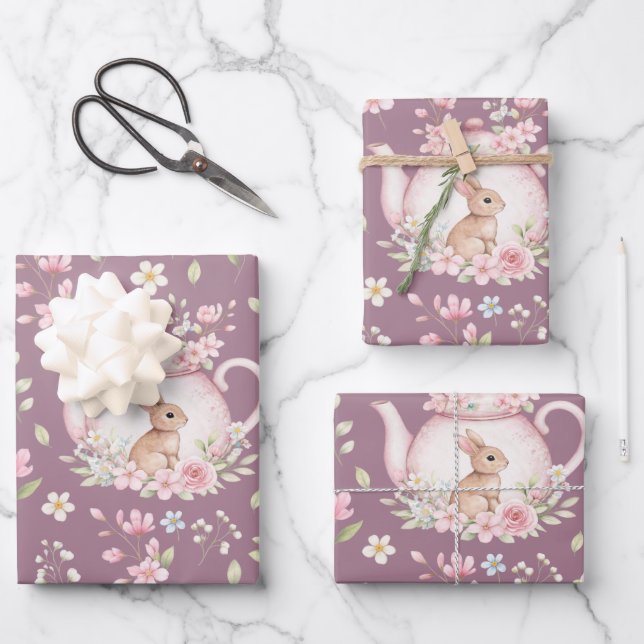 Whimsical Bunny Teapot Spring Floral Pattern Wrapping Paper Sheet (Front)