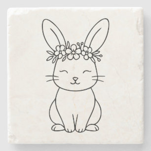 Whimsical Bunny with Floral Crown Line Art  Stone Coaster