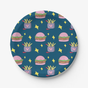 Whimsical Burger and Fries Fast Food Pattern Paper Plate