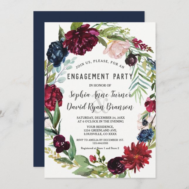 Whimsical Burgundy Blush Flowers Navy Blue Wedding Invitation (Front/Back)