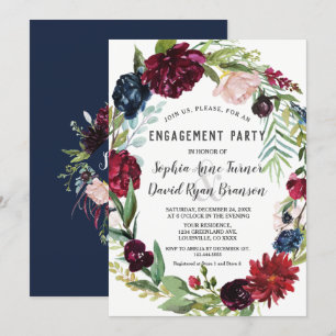 Whimsical Burgundy Blush Flowers Navy Blue Wedding Invitation