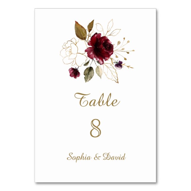 Whimsical Burgundy Gold Floral Table Number (Front)