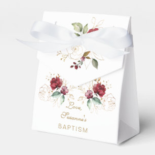 Whimsical Burgundy Gold Flowers Monogram Baptism Favour Box