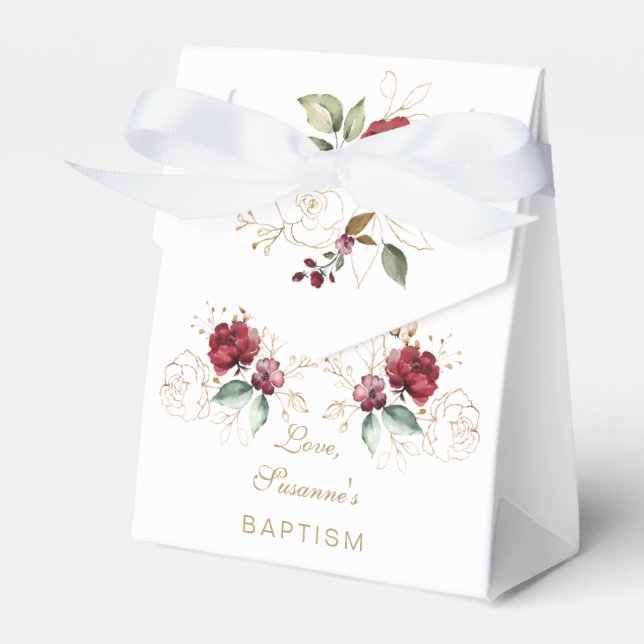 Whimsical Burgundy Gold Flowers Monogram Baptism Favour Box (Front Side)