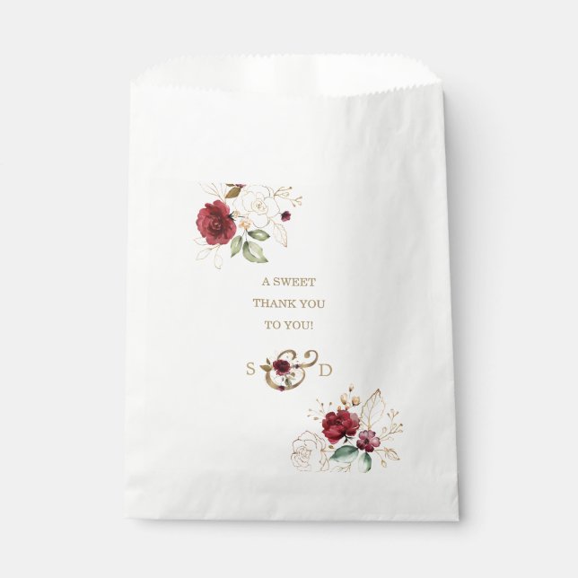 Whimsical Burgundy Gold Flowers Monogram Wedding Favour Bags (Front)