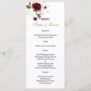 Whimsical Burgundy Gold Flowers Monogram Wedding Menu