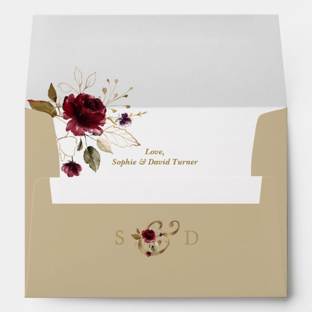Whimsical Burgundy Gold Flowers Return Address Envelope (Back (Bottom))
