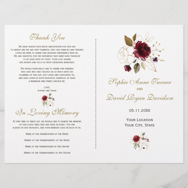 Whimsical Burgundy Gold Flowers Wedding Program (Front)