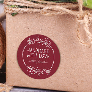 Whimsical Burgundy Handmade With Love Classic Round Sticker