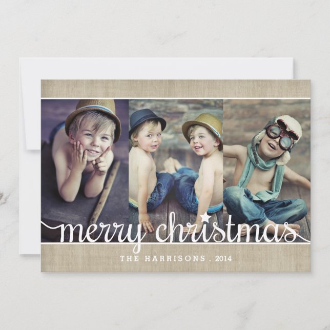 Whimsical Burlap Rustic Merry Christmas Photo Holiday Card (Front)