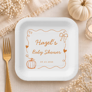 Whimsical Burnt Orange Pumpkin Doodle Baby Shower  Paper Plate