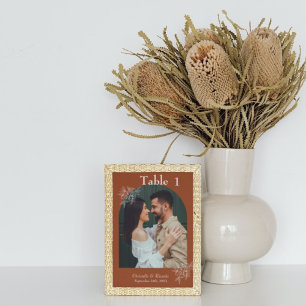 Whimsical burnt orange terracotta wedding decor  table number