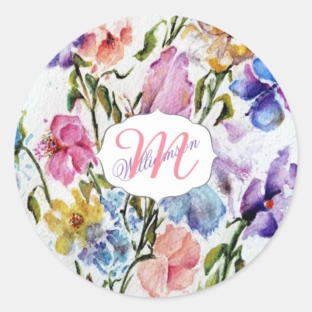 WHIMSICAL BUTTERFLIES AND FLOWERS CLASSIC ROUND STICKER (Front)