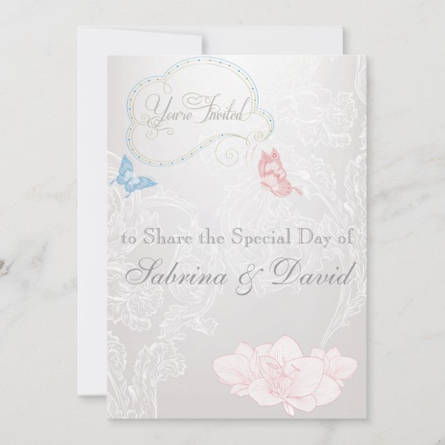 Whimsical Butterflies and Lace Wedding Invitation (Front)