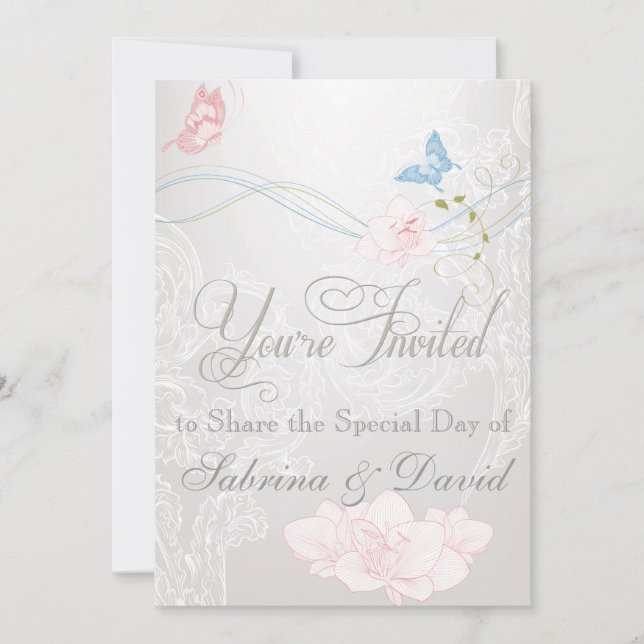 Whimsical Butterflies and Lace Wedding Invitation (Front)