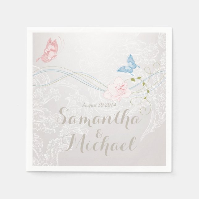 Whimsical Butterflies and Lace Wedding Napkin (Front)