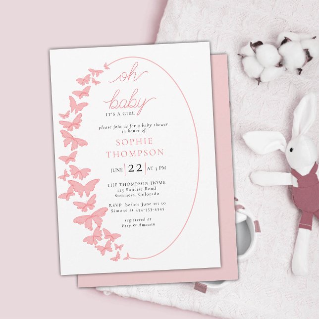Whimsical Butterflies Boho Chic Girl Baby Shower Invitation (butterfly baby girl shower invitation boho chic romantic coral pink whimsical elegant classy chic)