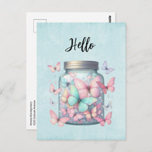Whimsical Butterflies in a Jar Hello Postcard