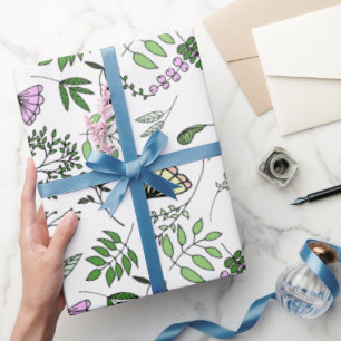 Whimsical Butterfly and Forest Leaves Wrapping Paper