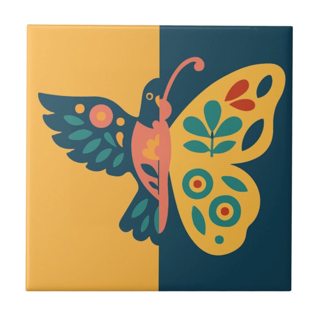 Whimsical butterfly and hummingbird Design Tile (Front)