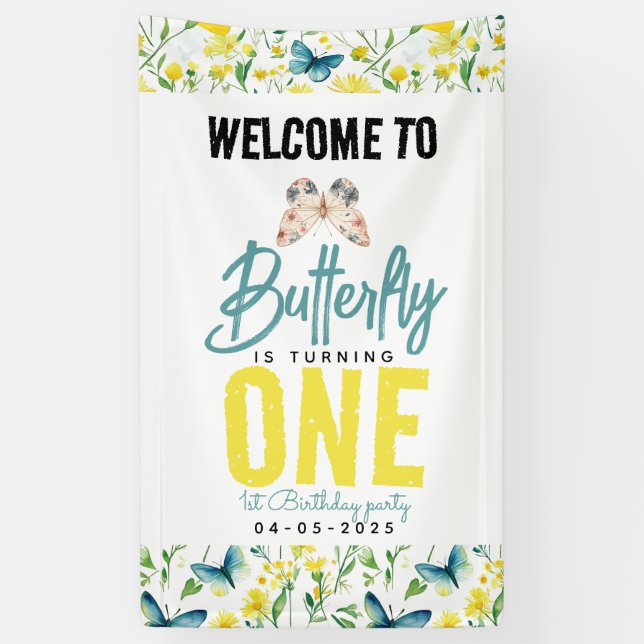 Whimsical Butterfly Floral 1st Birthday Banner (Vertical)