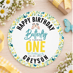 Whimsical Butterfly Floral 1st Birthday Classic Round Sticker