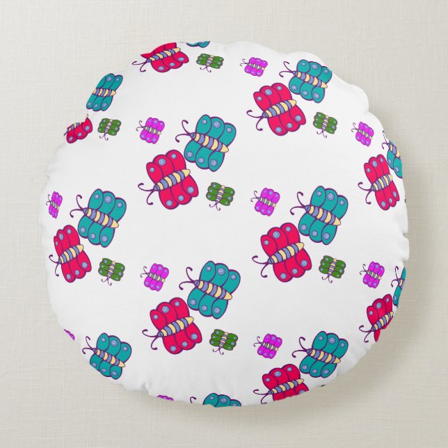 Whimsical Butterfly-Inspired Colourful Insects Round Cushion (Front)