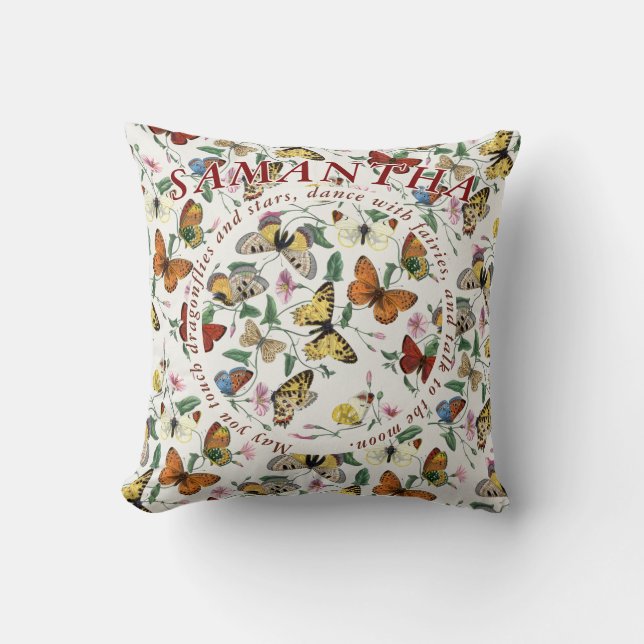 Whimsical Butterfly Morning Glory Botanical Quote Cushion (Front)