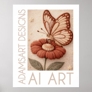 Whimsical Butterfly on Flower Vintage Felt Art Poster