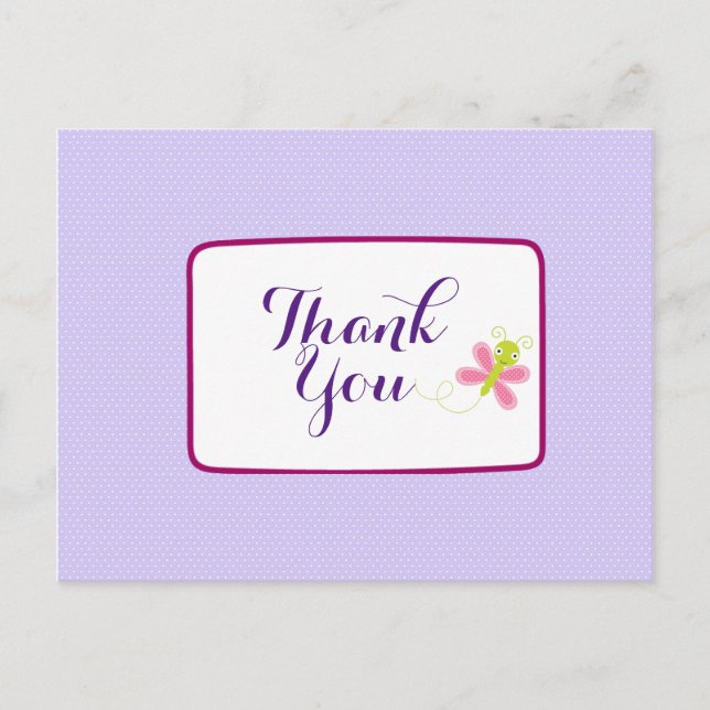 Whimsical Butterfly on Lilac Polka Dots Thank You Postcard (Front)