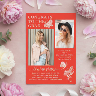 Whimsical Butterfly Photo Red Graduation Party Acrylic Invitations