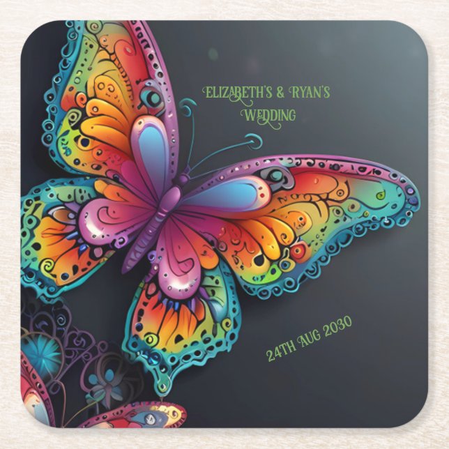 Whimsical Butterfly Romance Wedding Invitation Square Paper Coaster (Front)