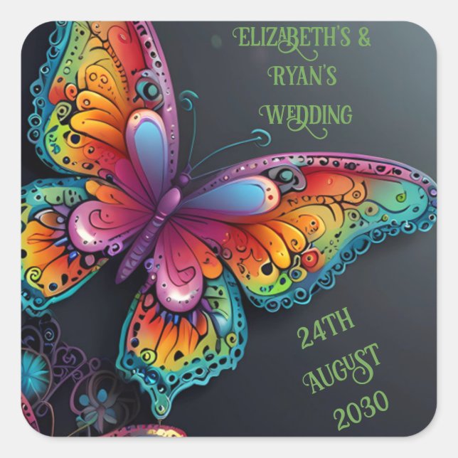 Whimsical Butterfly Romance Wedding Invitation Square Sticker (Front)