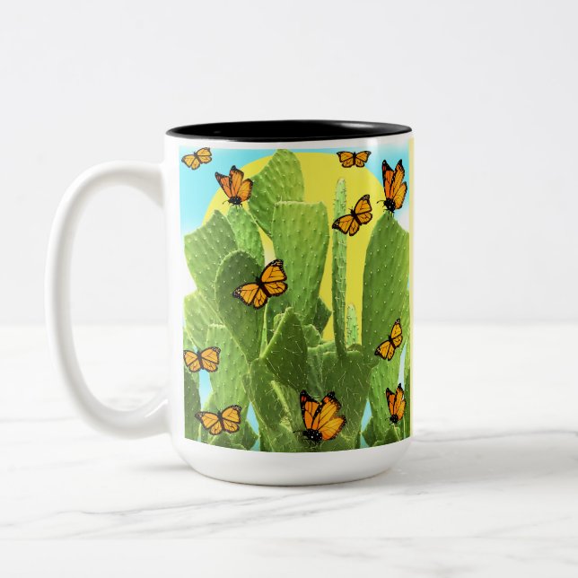Whimsical Cactus And Butterflies Two-Tone Coffee Mug (Left)